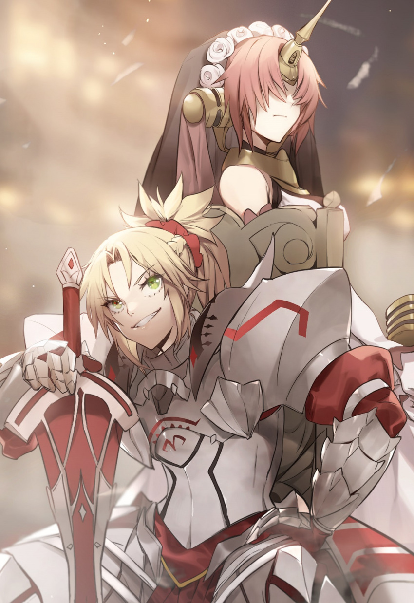 2girls black_veil blonde_hair breasts clarent dress elbow_gloves fate/apocrypha fate/grand_order fate_(series) frankenstein's_monster_(fate) gloves green_eyes grin hair_over_eyes headgear highres horn long_sleeves looking_at_viewer medium_breasts medium_hair mordred_(fate) mordred_(fate)_(all) multiple_girls no-kan one_eye_closed pink_hair short_hair smile white_dress white_gloves