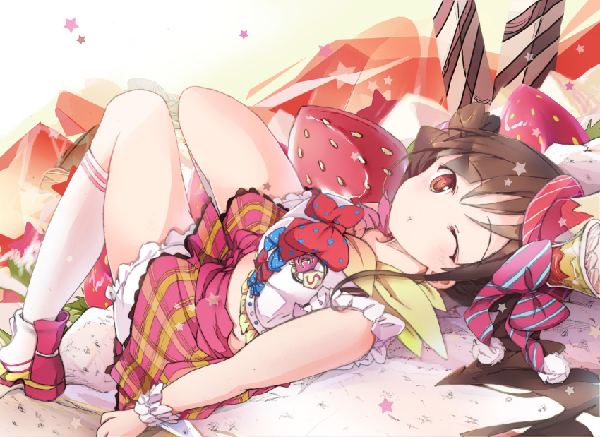 1girl bondson bow bowtie brown_eyes brown_hair commentary_request crop_top eyebrows_visible_through_hair food fruit hair_between_eyes hair_bow hat highres idolmaster idolmaster_shiny_colors kneehighs knees_together_feet_apart knees_up looking_at_viewer lying on_back one_eye_closed plaid plaid_skirt pout red_neckwear scrunchie shirt shoes skirt sleeveless sleeveless_shirt solo sonoda_chiyoko star strawberry top_hat twintails white_legwear white_shirt