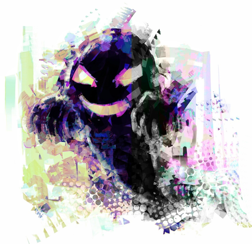 commentary english_commentary evil_smile full_body ghost highres hushcoil no_humans open_mouth pokemon pokemon_tower_ghost simple_background smile white_background