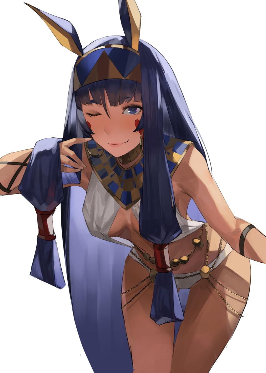 1girl animal_ears bangs bare_shoulders blazpu blush breasts dark_skin earrings egyptian egyptian_clothes facepaint facial_mark fate/grand_order fate_(series) highres hoop_earrings jackal_ears jewelry leaning_forward long_hair looking_at_viewer low-tied_long_hair medium_breasts nitocris_(fate/grand_order) one_eye_closed purple_hair simple_background smile thighs usekh_collar violet_eyes white_background