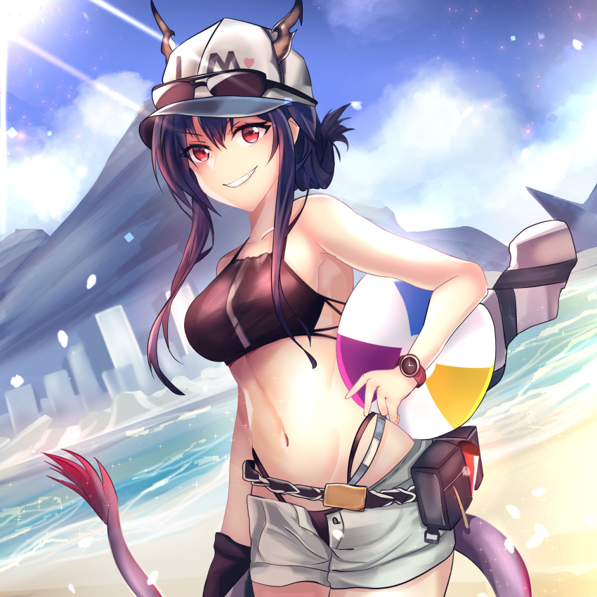 1girl arknights ball bangs bare_arms bare_shoulders baseball_cap beachball belt bikini black_bikini blue_hair blue_sky breasts ch'en_(arknights) clouds commentary_request cowboy_shot day dragon_horns dragon_tail dutch_angle eyewear_on_headwear grey_shorts grin hair_between_eyes hat highres holding horns horns_through_headwear long_hair looking_at_viewer medium_breasts mountain navel outdoors pouch red_eyes seabread short_shorts shorts sidelocks sky smile solo standing stomach sunglasses swimsuit tail watch watch