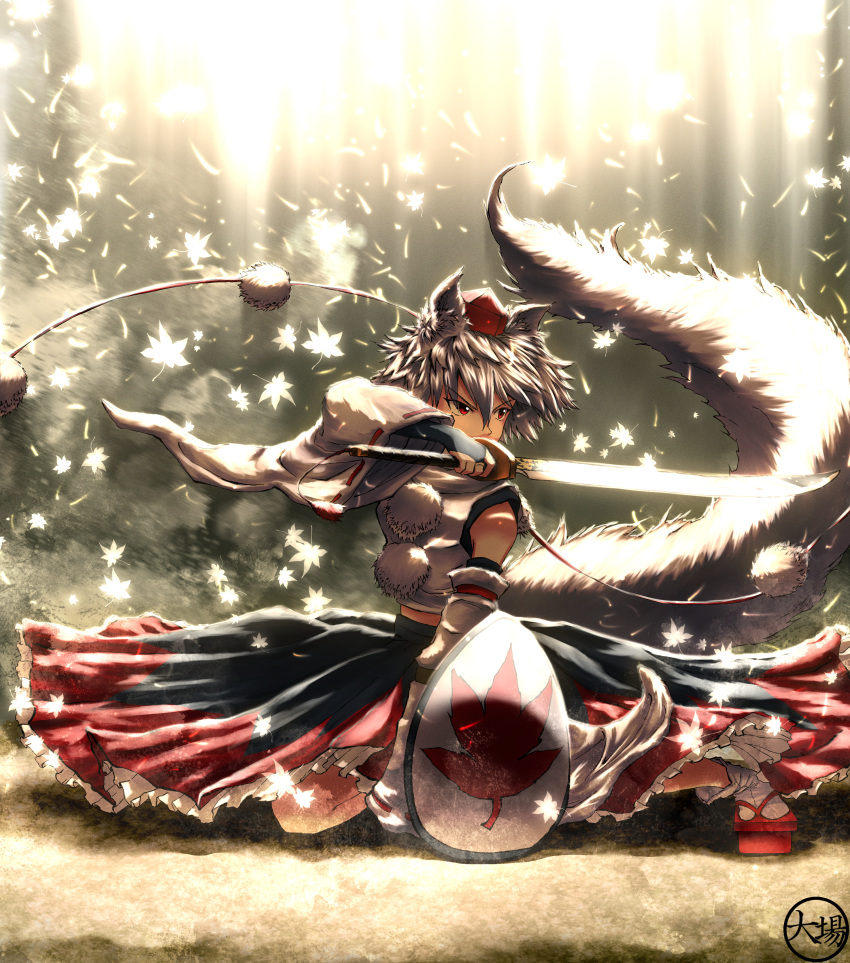 1girl absurdres animal_ears bare_shoulders black_skirt bridal_gauntlets detached_sleeves fighting_stance frills full_body geta hat highres holding holding_sword holding_weapon huge_filesize inubashiri_momiji leaf light long_skirt maple_leaf multicolored multicolored_clothes multicolored_skirt oubachiago pom_pom_(clothes) red_eyes red_skirt ribbon-trimmed_sleeves ribbon_trim serious shield shirt short_hair skirt sleeveless sleeveless_shirt solo sword tail tengu-geta tokin_hat touhou v-shaped_eyebrows weapon white_shirt wide_sleeves wolf_ears wolf_tail