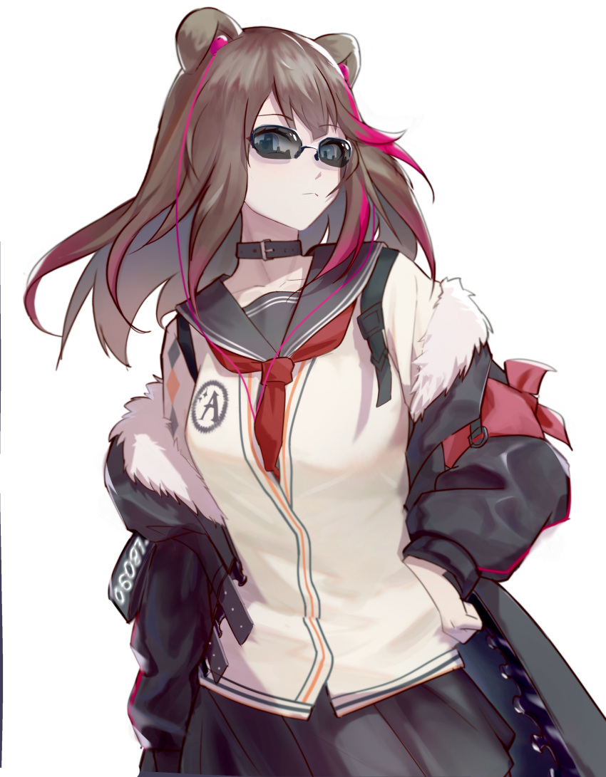 1girl absurdres animal_ears arknights bangs bear_ears black_choker black_hair black_jacket black_sailor_collar black_skirt cardigan choker commentary_request earphones earphones eyebrows_visible_through_hair fur-trimmed_jacket fur_trim hand_on_hip highres jacket long_hair long_sleeves multicolored_hair neckerchief red_neckwear redhead sailor_collar simple_background skirt solo streaked_hair sunglasses upper_body white_background white_cardigan zima_(arknights) zzq