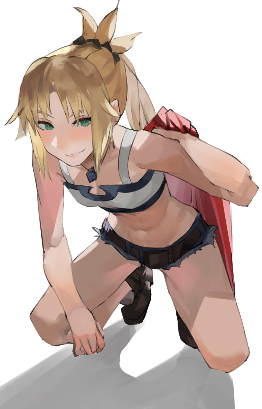 1girl bangs bare_shoulders belt blazpu blue_shorts braid breasts closed_mouth collarbone cutoffs denim denim_shorts fate/apocrypha fate_(series) french_braid green_eyes hair_ornament hair_scrunchie highres jacket jacket_removed long_hair looking_at_viewer mordred_(fate) mordred_(fate)_(all) navel ponytail red_jacket red_scrunchie scrunchie short_shorts shorts simple_background small_breasts smile white_background