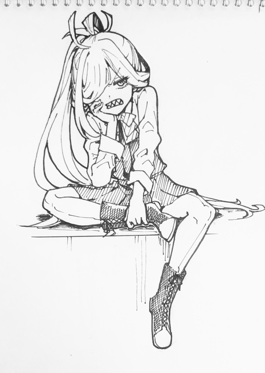 1girl ahoge aosa_(momikin) asashimo_(kantai_collection) bangs boots bow bowtie chin_rest cross-laced_footwear dress eyebrows_visible_through_hair greyscale hair_over_one_eye highres jacket kantai_collection lace-up_boots long_hair long_sleeves monochrome pantyhose ponytail remodel_(kantai_collection) sharp_teeth simple_background sitting solo teeth traditional_media