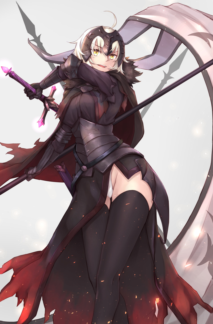 1girl ahoge armor armored_dress banner black_dress black_footwear black_gloves black_legwear dress fate/grand_order fate_(series) faulds gloves grey_hair headpiece highres holding holding_sword holding_weapon ikikomi1 jeanne_d'arc_(alter)_(fate) jeanne_d'arc_(fate)_(all) short_hair slit_pupils smile solo sword thigh-highs weapon white_background yellow_eyes