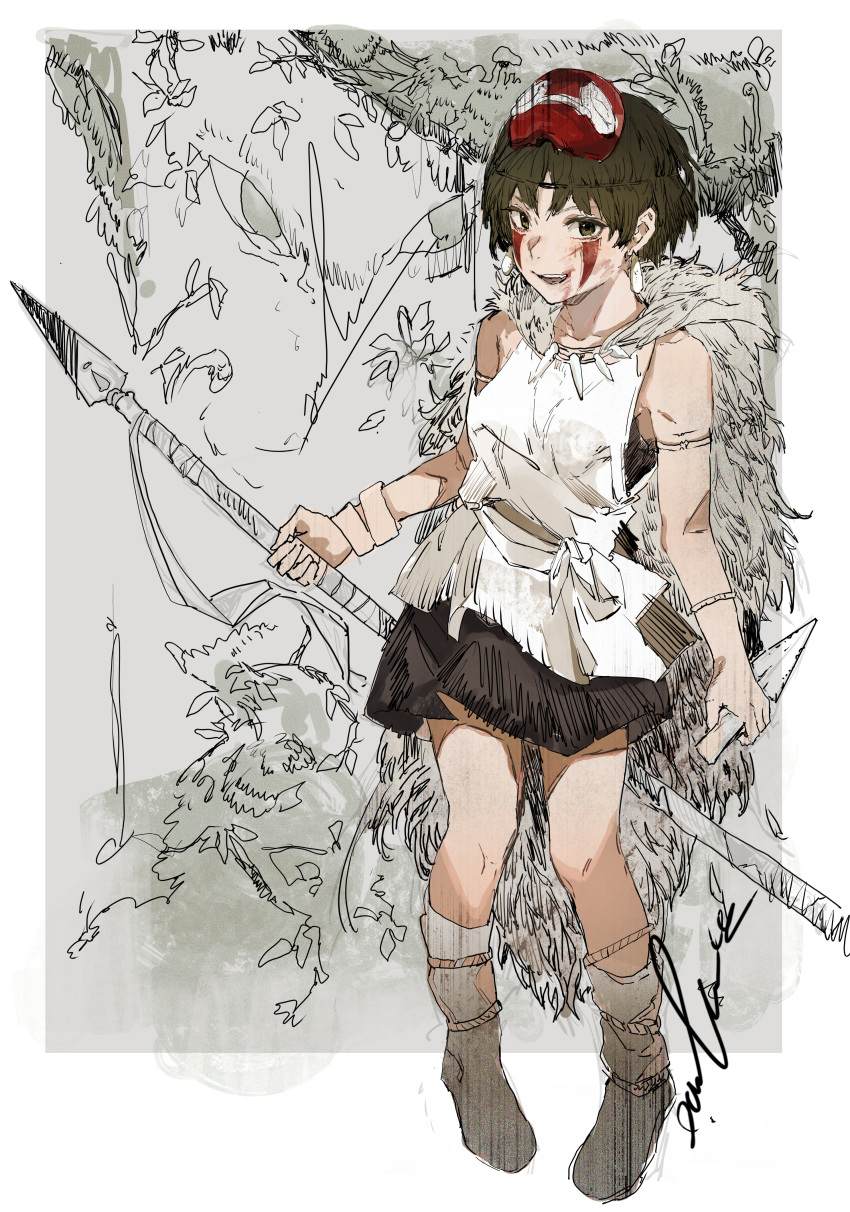 1girl absurdres bare_arms bare_shoulders black_skirt blood blood_on_face bob_cut boots brown_eyes brown_hair cape commentary earrings facepaint facial_mark foliage full_body fur fur_cape headband highres hiranko holding holding_knife holding_spear holding_weapon huge_filesize jewelry knife looking_at_viewer mask mask_on_head monochrome_background mononoke_hime necklace open_mouth outside_border polearm san shirt short_hair signature skirt smile solo spear studio_ghibli weapon white_footwear white_shirt