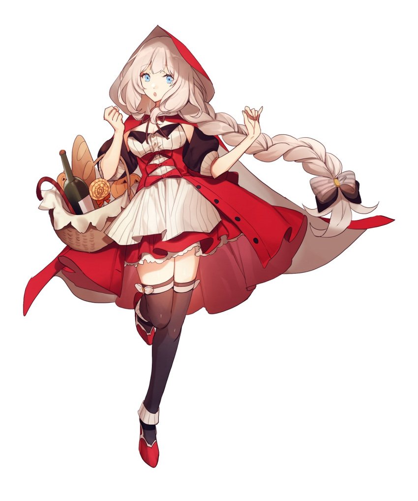 1girl black_bow black_legwear blue_eyes bottle bow braid bread dress fate/grand_order fate_(series) food full_body grey_hair heroic_spirit_festival_outfit highres little_red_riding_hood long_hair looking_at_viewer marie_antoinette_(fate/grand_order) no-kan red_dress red_footwear red_skirt simple_background single_braid skirt standing standing_on_one_leg thigh-highs white_background wine_bottle