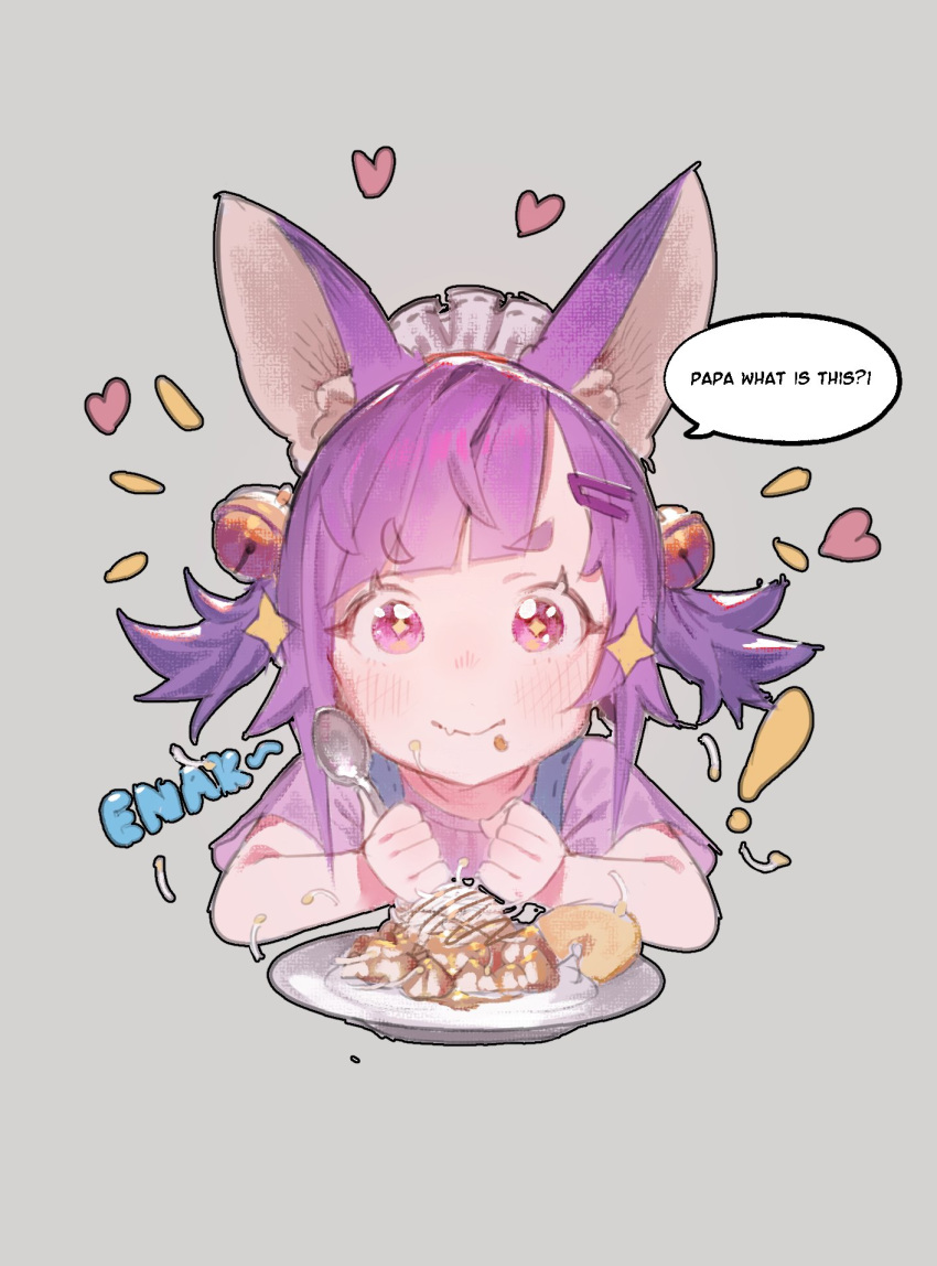 ! 1girl animal_ears bell blush closed_mouth diamond-shaped_pupils english_text fang fang_out food godekasu grey_background hair_bell hair_ornament hairband hairclip heart highres holding holding_spoon jingle_bell original plate purple_hair simple_background skin_fang smile solo spoon symbol-shaped_pupils violet_eyes