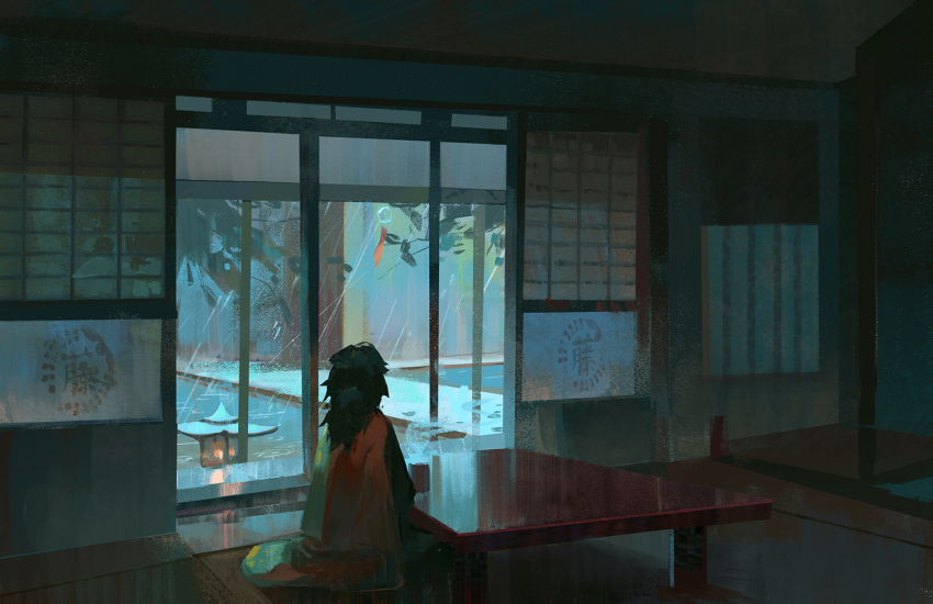 1boy back black_hair branch cup dark door haori house japanese_clothes kimetsu_no_yaiba lantern leaf long_hair looking_outside looking_to_the_side pixiescout rain room sitting solo steam table tomioka_giyuu