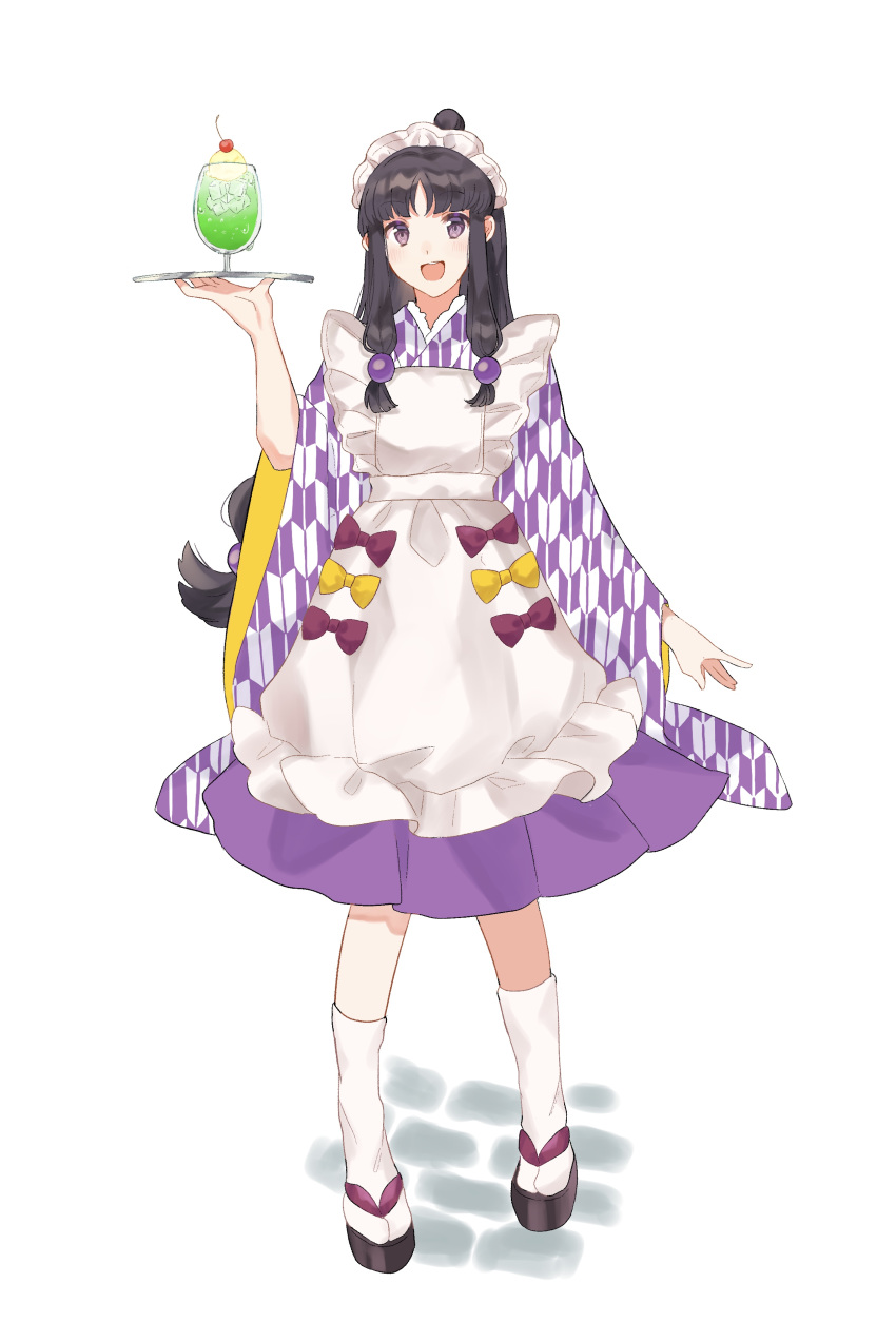 1girl :d absurdres ayasato_mayoi black_footwear black_hair bow cherry drink food fruit gyakuten_saiban highres holding holding_tray long_hair maid_headdress open_mouth red_bow rin_(yukameiko) sidelocks simple_background smile standing tray violet_eyes waitress white_background white_legwear wide_sleeves yellow_bow