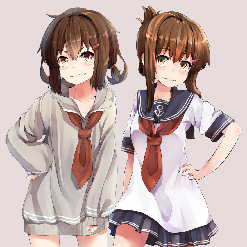 2girls adapted_costume anchor_symbol black_legwear black_sailor_collar brown_eyes brown_hair commentary_request cowboy_shot dress fang folded_ponytail grey_background grey_dress hair_ornament hairclip highres ikazuchi_(kantai_collection) inazuma_(kantai_collection) kantai_collection long_hair looking_at_viewer multiple_girls neckerchief pleated_skirt red_neckwear sailor_collar school_uniform serafuku shirt short_hair short_sleeves simple_background skin_fang skirt standing sweater sweater_dress symmetry taisho_(gumiyuki) white_shirt