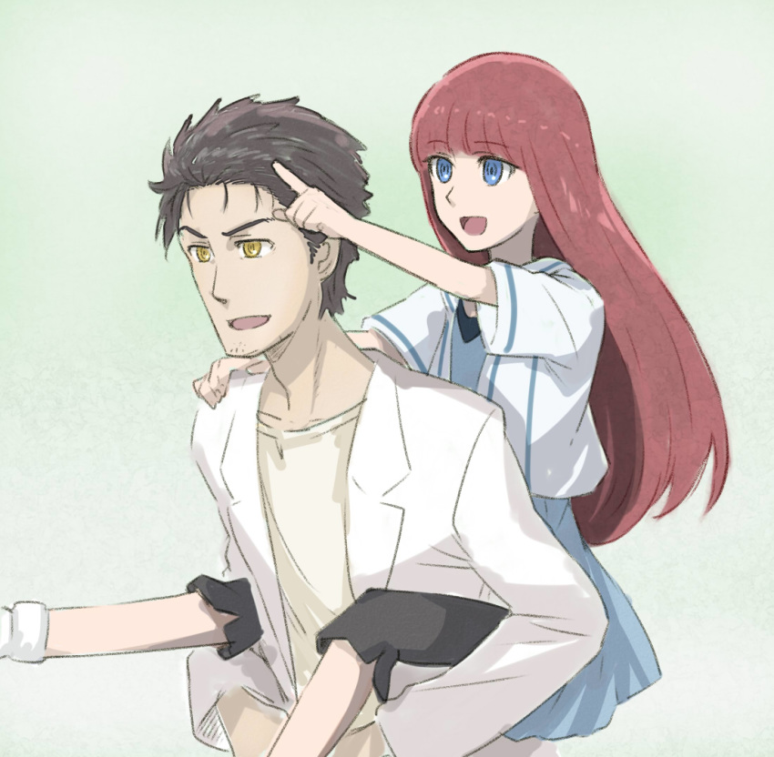 1boy 1girl :d bangs black_hair black_legwear blue_dress blue_eyes collarbone dress eyebrows_visible_through_hair hair_between_eyes index_finger_raised labcoat long_hair menomorute okabe_rintarou open_mouth pants pants_under_dress pink_background redhead shiina_kagari shiny shiny_hair shirt short_dress short_sleeves smile steins;gate steins;gate_0 straight_hair sundress very_long_hair white_background white_shirt yellow_eyes