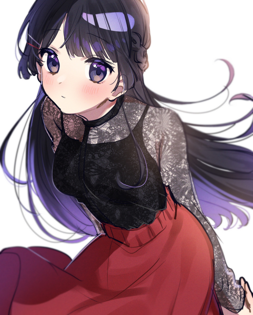 1girl absurdres arms_behind_back bangs black_eyes black_hair black_shirt blush breasts closed_mouth commentary_request eyebrows_visible_through_hair eyelashes hair_ornament hairclip highres kuma_daigorou long_hair long_sleeves looking_at_viewer medium_breasts nijisanji red_skirt see-through shiny shiny_hair shirt simple_background skirt solo straight_hair tsukino_mito virtual_youtuber white_background