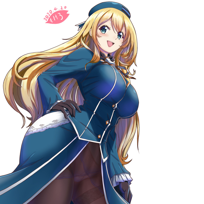 1girl :d atago_(kantai_collection) bangs beret black_gloves black_legwear blonde_hair blue_headwear blue_jacket blue_skirt blush breasts cowboy_shot dated eyebrows_visible_through_hair frilled_sleeves frills from_below gloves hand_on_hip hat highres jacket kantai_collection large_breasts long_hair long_sleeves looking_at_viewer looking_down military military_jacket military_uniform mokerou open_mouth panties panties_under_pantyhose pantyhose simple_background skirt smile solo straight_hair thighband_pantyhose underwear uniform very_long_hair white_background
