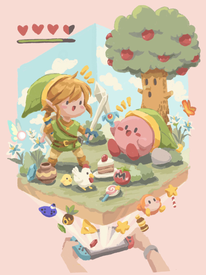 1boy absurdres apple blue_sky brown_hair bug butterfly cake candy clouds cucco deku_mask fairy fishcakeys food fruit green_headwear green_tunic highres insect instrument kirby link lollipop maxim_tomato nintendo_switch ocarina pointy_ears pot rupee silent_princess sky smile star star_rod sword tree triforce waddle_dee weapon whispy_woods