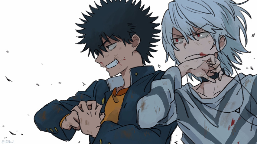 2boys accelerator black_choker black_eyes black_hair blood bruise bruise_on_face choker gakuran highres injury jisoku_(168km1) kamijou_touma long_sleeves male_focus multiple_boys red_eyes school_uniform simple_background smirk to_aru_majutsu_no_index white_hair