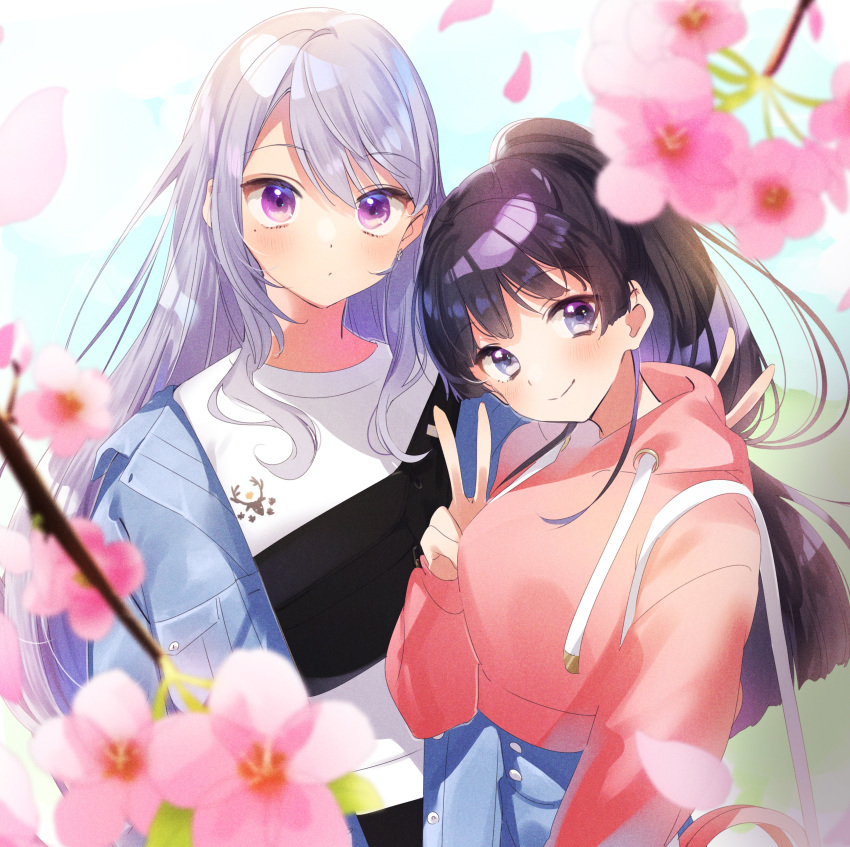 2girls absurdres alternate_hairstyle bag bangs black_hair blue_jacket blush breasts cherry_blossoms closed_mouth eyebrows_visible_through_hair grey_eyes grey_hair hair_between_eyes handbag highres higuchi_kaede hood jacket kuma_daigorou long_hair long_sleeves looking_at_viewer mole mole_under_eye multiple_girls nijisanji petals ponytail shirt smile sunlight tsukino_mito upper_body v violet_eyes white_shirt