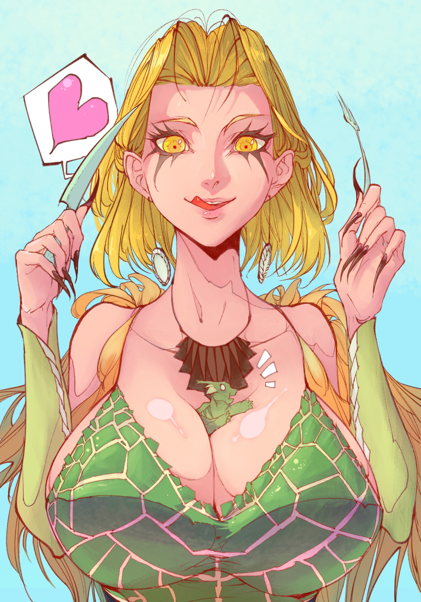 1girl absurdres breasts dress green_dress green_eyes green_hair highres hungry large_breasts monster_hunter monster_hunter:_world rakaiki short_hair simple_background smile solo tongue
