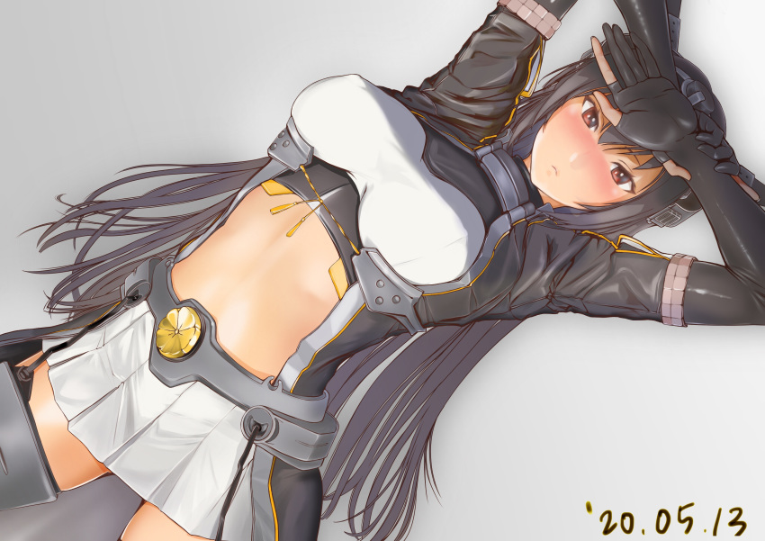 1girl :&lt; absurdres bangs black_hair blush breasts closed_mouth commentary_request covered_nipples dated elbow_gloves garter_straps gloves grey_background headgear highres kantai_collection large_breasts long_hair midriff nagato_(kantai_collection) ototoi_koi partly_fingerless_gloves pleated_skirt remodel_(kantai_collection) sakuramon simple_background skirt solo tassel