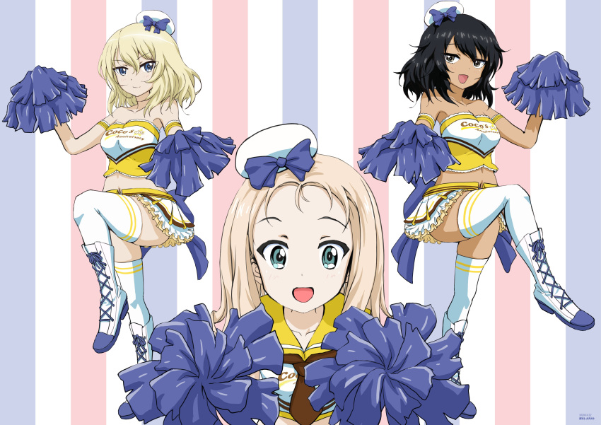 3girls :d absurdres alternate_costume andou_(girls_und_panzer) armband artist_name bangs beret black_hair black_neckwear blonde_hair blue_background blue_bow blue_eyes boots bow brown_eyes cheerleader closed_mouth clothes_writing commentary cross-laced_footwear dark_skin dated double_horizontal_stripe drill_hair english_text eyebrows_visible_through_hair girls_und_panzer green_eyes half-closed_eyes hat hat_bow highres holding holding_pom_poms lace lace-trimmed_shirt lace-up_boots leg_up logo long_hair looking_at_viewer marie_(girls_und_panzer) medium_hair messy_hair midriff mini_hat miniskirt multicolored multicolored_background multiple_girls navel neckerchief open_mouth oshida_(girls_und_panzer) pleated_skirt pom_poms red_background sailor_collar shirt skirt smile standing standing_on_one_leg strapless striped striped_background symmetry thigh-highs tilted_headwear tonan_leopard tubetop white_footwear white_headwear white_legwear white_shirt white_skirt