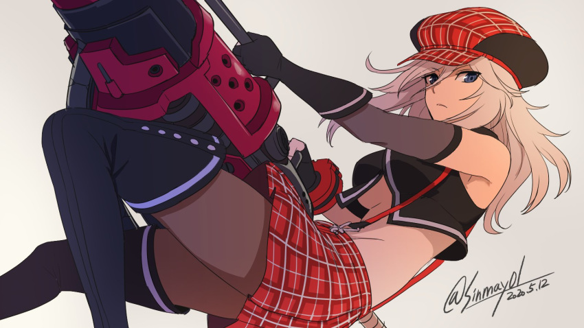 1girl alisa_ilinichina_amiella black_footwear black_gloves black_legwear blue_eyes boots breasts dated elbow_gloves gloves god_eater grey_background hat highres large_breasts long_hair looking_at_viewer midriff pantyhose plaid plaid_skirt red_headwear red_skirt shinmai_(kyata) silver_hair simple_background skirt solo suspender_skirt suspenders thigh-highs thigh_boots twitter_username under_boob