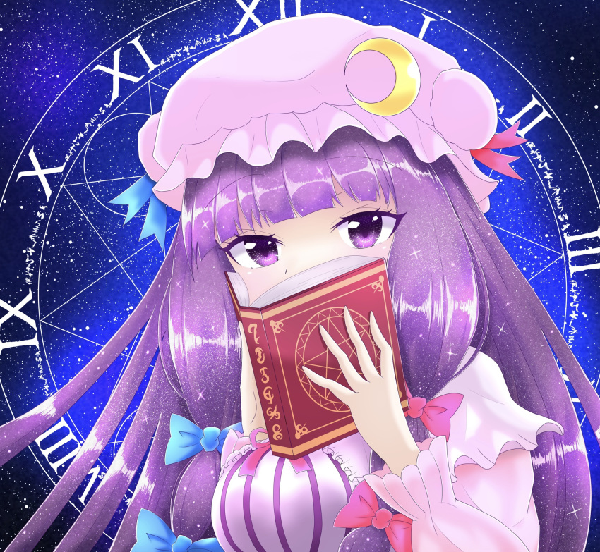 1girl blue_background blue_bow blue_ribbon blush book bow breasts crescent crescent_moon_pin dark_background eyebrows_visible_through_hair glitter hair_bow hat hat_ribbon hidden_mouth highres holding holding_book long_hair looking_at_viewer magic_circle mob_cap open_book patchouli_knowledge purple_hair raised_eyebrows red_bow red_ribbon reijing_etrn ribbon roman_numerals solo sparkle sparkling_eyes touhou upper_body very_long_hair violet_eyes