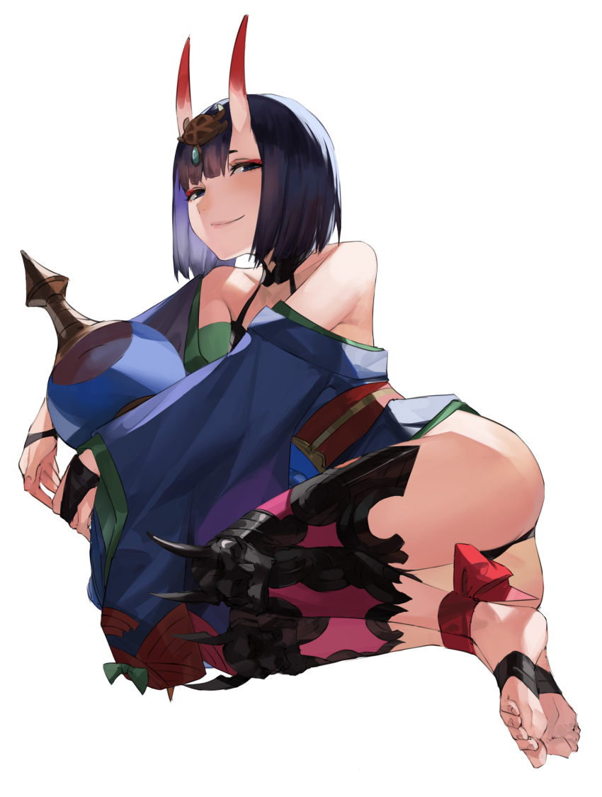 1girl bangs bare_shoulders barefoot_sandals blazpu bob_cut breasts collarbone eyeliner fate/grand_order fate_(series) headpiece highres horns japanese_clothes kimono long_sleeves looking_at_viewer makeup oni oni_horns purple_hair purple_kimono revealing_clothes short_hair shuten_douji_(fate/grand_order) skin-covered_horns small_breasts violet_eyes wide_sleeves