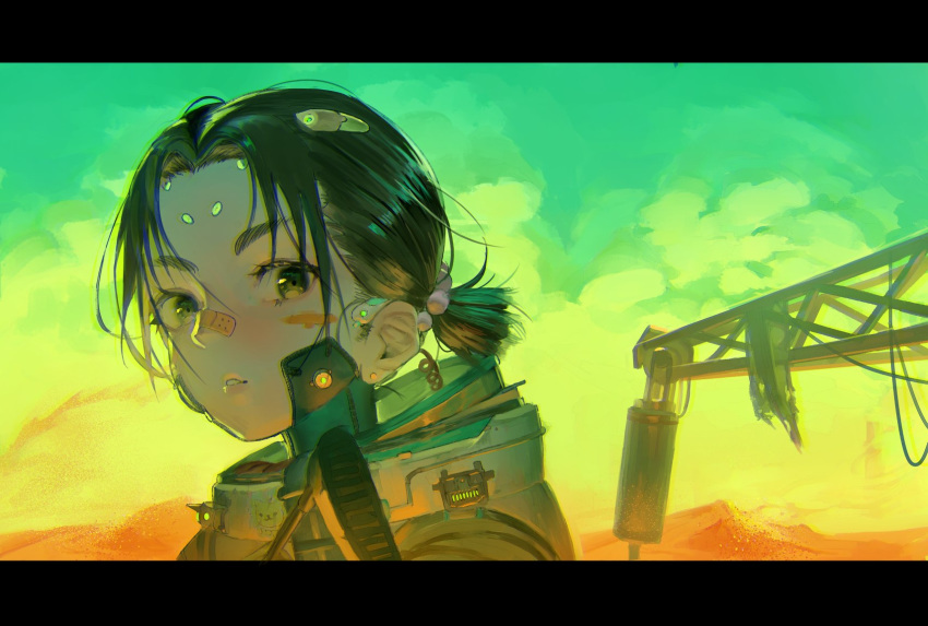 1girl armor astronaut bandaid bandaid_on_nose black_eyes black_hair blue_sky commentary english_commentary from_side godekasu hair_bobbles hair_ornament headgear highres letterboxed looking_at_viewer looking_to_the_side original outdoors parted_lips ponytail short_hair sky solo