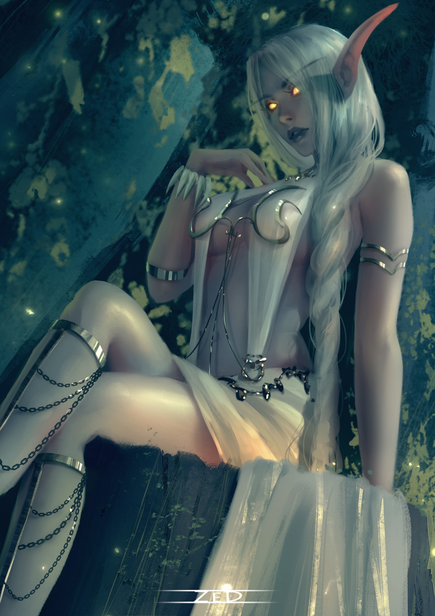 1girl absurdres commentary dress elf glowing glowing_eyes highres long_hair night_elf outdoors pointy_ears solo tagme trungbui42 warcraft white_dress white_hair world_of_warcraft wristband yellow_eyes