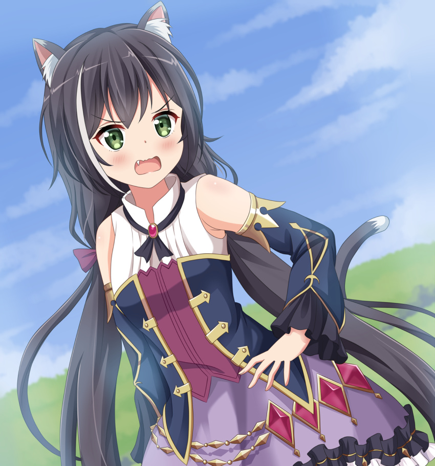 1girl animal_ear_fluff animal_ears bangs bare_shoulders black_hair blue_sky blue_sleeves blush bow breasts cat_ears cat_girl cat_tail clouds commentary_request day detached_sleeves dutch_angle eyebrows_visible_through_hair fang frilled_skirt frills green_eyes hair_bow hand_on_hip highres karyl_(princess_connect!) koyuki_(azumaya999) long_hair looking_at_viewer low_twintails multicolored_hair open_mouth outdoors princess_connect! princess_connect!_re:dive purple_bow purple_skirt shirt sidelocks skirt sky sleeveless sleeveless_shirt sleeves_past_wrists small_breasts solo streaked_hair tail twintails v-shaped_eyebrows very_long_hair wavy_mouth white_hair white_shirt wide_sleeves