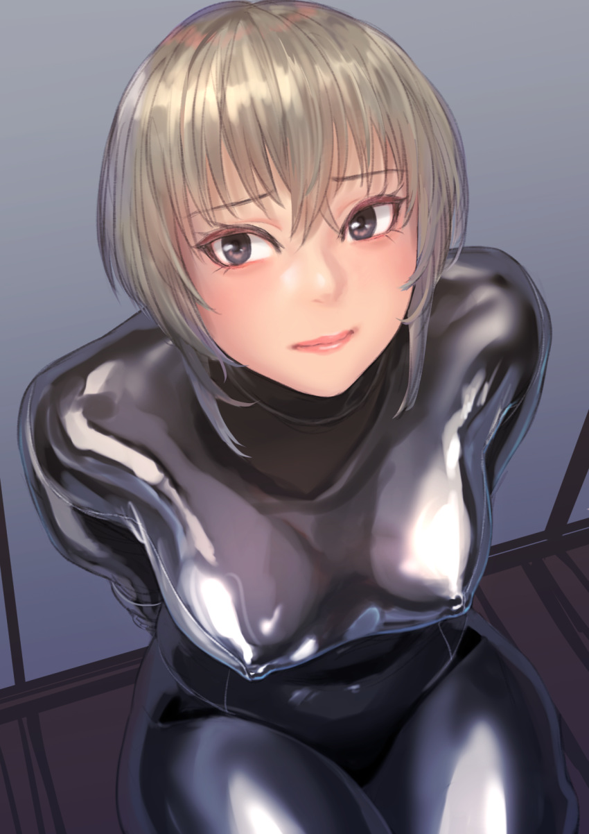 1girl blonde_hair blush bodysuit breast_squeeze breasts covered_nipples eyebrows_visible_through_hair from_above grey_eyes hair_between_eyes highres kilye_4421 latex_bodysuit looking_at_viewer looking_up original skin_tight solo