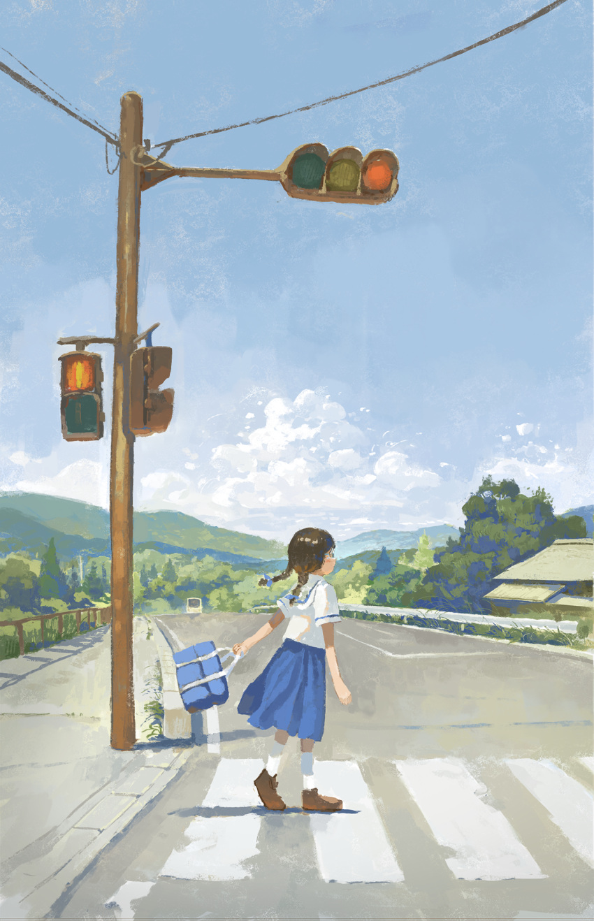 1girl ankle_boots bag black_hair blue_skirt blue_sky boots braid brown_footwear clouds commentary crosswalk day female_child fjsmu from_side highres holding holding_bag kneehighs long_hair long_skirt low_twin_braids mountainous_horizon original outdoors pleated_skirt road sailor_collar scenery school_bag school_uniform serafuku shirt skirt sky solo traffic_light tree twin_braids walking white_legwear white_sailor_collar white_shirt wide_shot