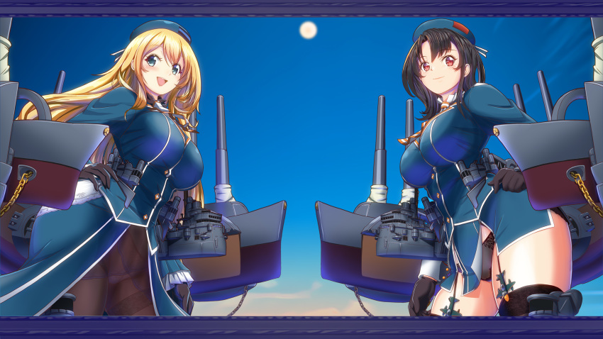 2girls ascot atago_(kantai_collection) bangs beret black_gloves black_hair black_legwear black_panties blonde_hair blue_background blue_headwear blue_jacket blue_skirt blush breasts cannon cowboy_shot dated eyebrows_visible_through_hair frame frilled_sleeves frills from_below garter_straps gloves hand_on_hip hat highres jacket kantai_collection large_breasts long_hair long_sleeves looking_at_viewer looking_down machinery military military_jacket military_uniform miniskirt mokerou multiple_girls open_mouth panties panties_under_pantyhose pantyhose red_eyes rigging short_hair skirt smile smokestack solo straight_hair takao_(kantai_collection) thigh-highs thighband_pantyhose turret underwear uniform very_long_hair