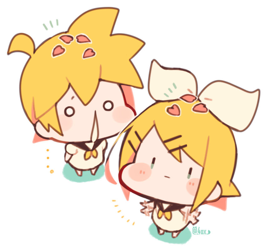 /\/\/\ 1boy 1girl baby black_collar blonde_hair blush_stickers bow chibi collar expressionless hair_bow hair_ornament hairclip kagamine_len kagamine_rin kitsune_no_ko looking_at_viewer neckerchief nose_drip petals sailor_collar shirt short_hair short_ponytail solid_circle_eyes spiky_hair twitter_username vocaloid waving_arms white_bow white_shirt yellow_neckwear younger