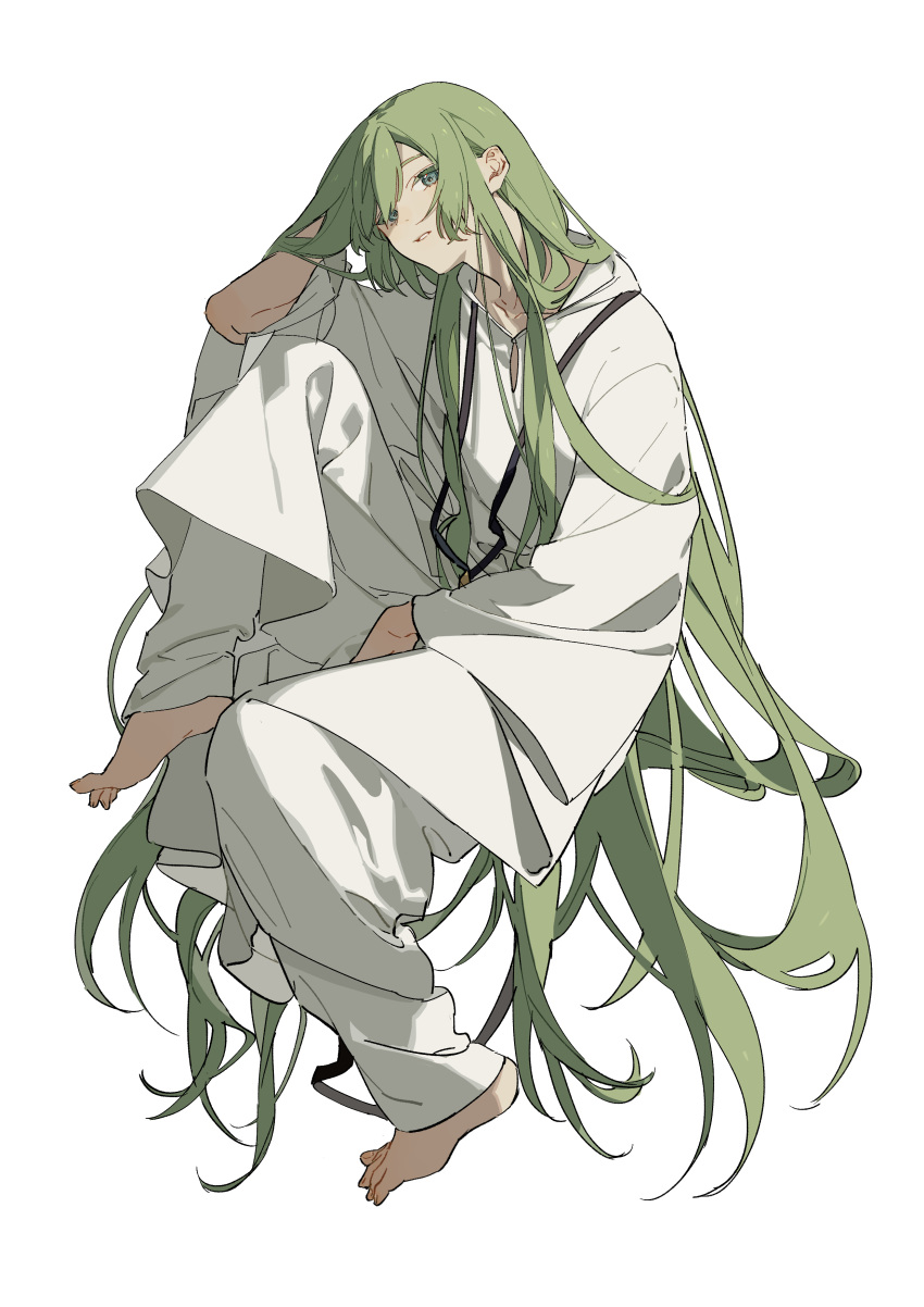 1other absurdres androgynous bangs barefoot cleavage_cutout collarbone commentary_request enkidu_(fate/strange_fake) fate/strange_fake fate_(series) full_body green_eyes green_hair hair_between_eyes highres jewelry leg_up long_hair long_sleeves looking_at_viewer necklace neckwear otoko_no_ko pants parted_lips robe shadow simple_background sitting solo very_long_hair white_background white_pants white_robe wide_sleeves zhibuji_loom