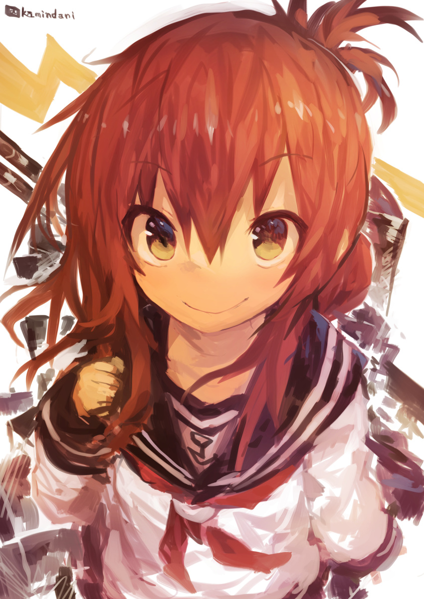 absurdres bangs brown_hair commentary_request eyebrows_visible_through_hair folded_ponytail hair_between_eyes highres inazuma_(kantai_collection) kaamin_(mariarose753) kantai_collection looking_at_viewer medium_hair red_neckwear smile twitter_username white_serafuku yellow_eyes