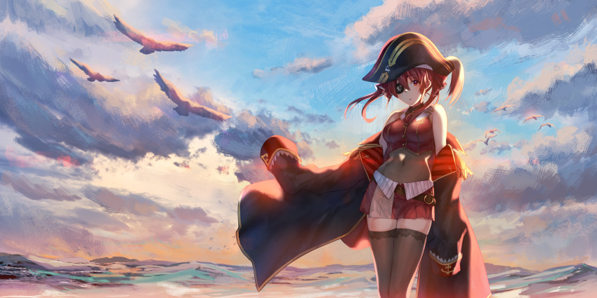 1girl absurdres akky_(akimi1127) ascot bare_shoulders bicorne bird black_legwear clouds commentary_request covered_navel evening eyepatch hat highres hololive houshou_marine jacket long_sleeves looking_at_viewer medium_hair navel ocean off_shoulder pleated_skirt red_eyes red_neckwear red_ribbon red_skirt redhead ribbon scenery seagull skirt sleeves_past_fingers sleeves_past_wrists solo standing sunset thigh-highs twintails virtual_youtuber zettai_ryouiki