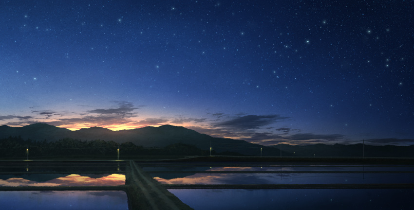 blue_sky clouds highres horizon mks mountainous_horizon night night_sky no_humans original outdoors power_lines reflection rice_paddy road scenery sky star_(sky) starry_sky sunset telephone_pole