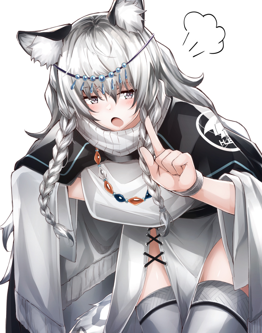 1girl :o =3 animal_ear_fluff animal_ears arknights blush braid cape capelet circlet cowboy_shot flugel_(kaleido_scope-710) grey_cape grey_hair hair_between_eyes highres index_finger_raised leaning_forward leopard_tail pramanix_(arknights) side_braids solo tail thigh-highs white_background