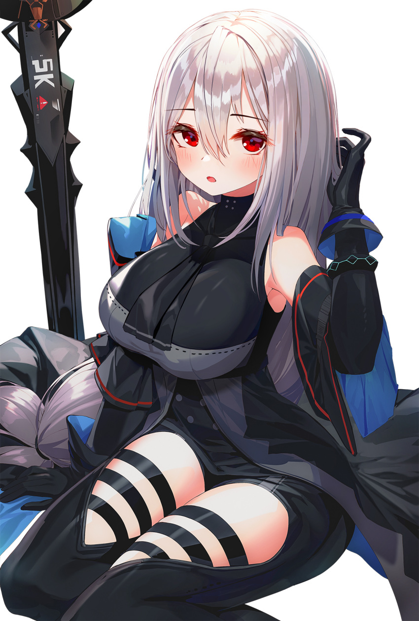 1girl arknights arm_support armpits bare_shoulders black_coat black_gloves black_pants breasts coat detached_sleeves gloves hair_between_eyes hand_up highres large_breasts long_hair long_sleeves looking_at_viewer munseonghwa pants parted_lips red_eyes silver_hair simple_background sitting skadi_(arknights) solo sword thigh_cutout thighs very_long_hair weapon white_background