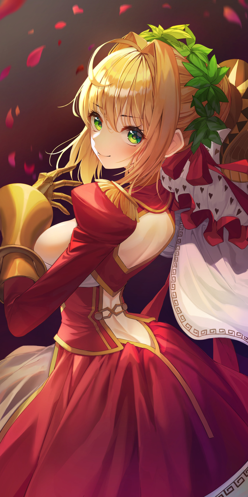 1girl absurdres ahoge arched_back ass back back_cutout bangs blonde_hair blush breasts closed_mouth dress epaulettes eyebrows_visible_through_hair fate/grand_order fate_(series) frills from_behind gauntlets green_eyes hair_intakes heart highres juliet_sleeves large_breasts long_sleeves looking_at_viewer looking_back nero_claudius_(fate) nero_claudius_(fate)_(all) petals puffy_sleeves red_dress short_hair sideboob sidelocks smile solo veil