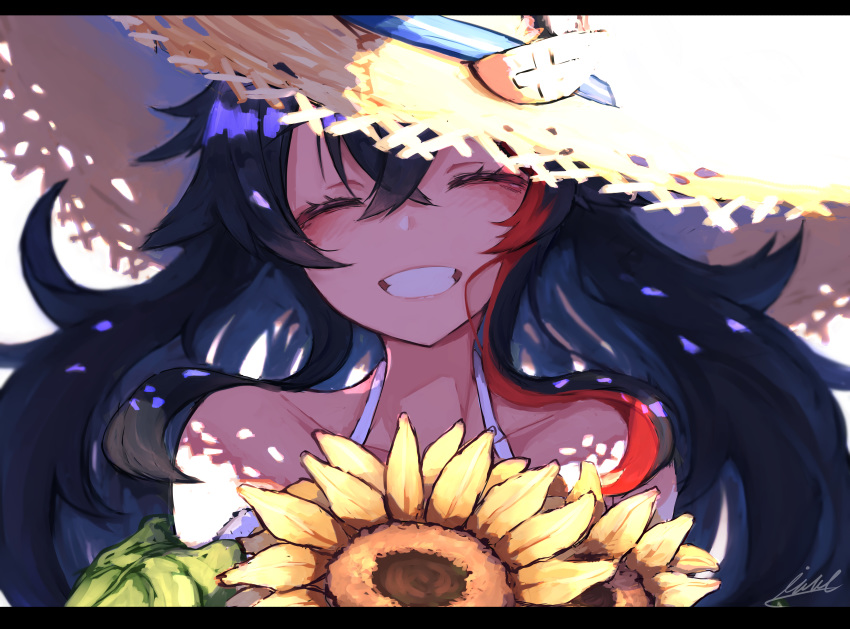 1girl absurdres bare_shoulders black_hair blush closed_eyes collarbone commentary_request flower grin hat head_tilt highlights highres holding holding_flower hololive huge_filesize inre_kemomimi letterboxed multicolored_hair ookami_mio redhead shadow signature smile solo straw_hat streaked_hair sun_hat sunflower sunlight teeth upper_body virtual_youtuber wavy_hair