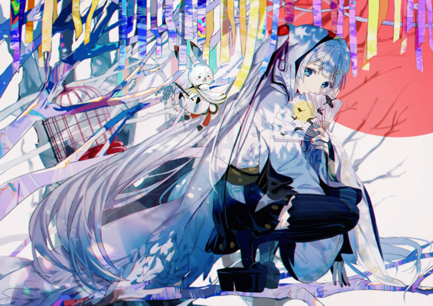 1girl animal_print bangs beamed_eighth_notes bird bird_print blue_eyes blunt_bangs branch cage cloak commentary crane_(animal) eighth_note fan folding_fan from_side gohei hair_ornament hairclip hatsune_miku holding hooded_kimono japanese_clothes japanese_flag kanose kimono light_smile long_hair looking_at_viewer musical_note musical_note_print nail_polish one_eye_closed rabbit_yukine red_nails shide squatting staff_(music) streamers treble_clef twintails very_long_hair vocaloid white_hair white_kimono wide_sleeves yuki_miku yuki_miku_(2018) zouri