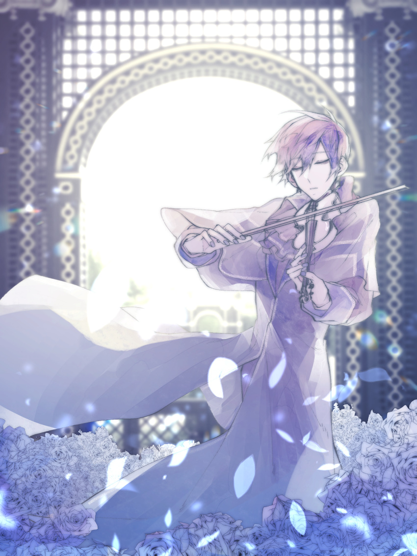 1boy arch backlighting binggwaryu bloom blue_coat blue_flower blue_hair blue_nails blue_rose closed_eyes coat commentary expressionless falling_petals feet_out_of_frame flower highres holding holding_instrument instrument kaito lens_flare male_focus music petals playing_instrument project_diva_(series) rosa_blue_(module) rose violin vocaloid
