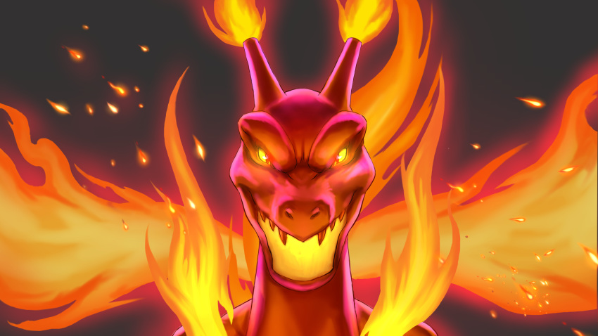 charizard commentary_request face fire gen_1_pokemon gigantamax gigantamax_charizard grey_background highres horns k_macchina looking_at_viewer pokemon simple_background solo yellow_eyes