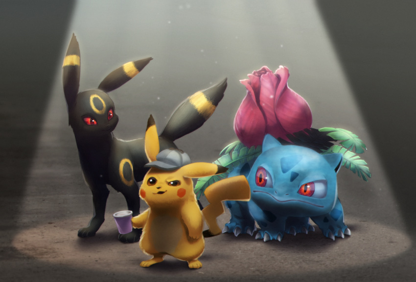 brown_eyes claws closed_mouth commentary_request creature cup deerstalker detective_pikachu detective_pikachu_(character) detective_pikachu_(movie) full_body gen_1_pokemon gen_2_pokemon hat hatted_pokemon highres holding holding_cup ivysaur light looking_at_another looking_at_viewer no_humans pikachu pokemon pokemon_(creature) red_eyes standing ukata umbreon