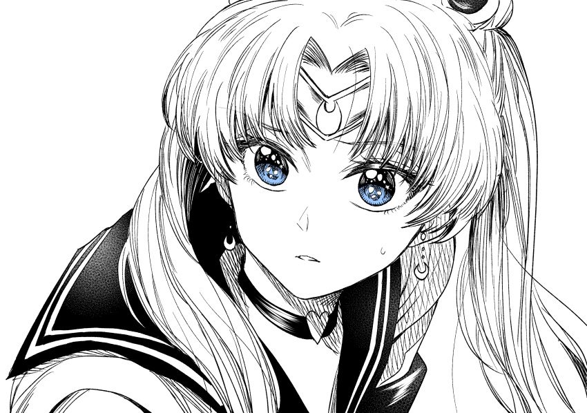 1girl absurdres bangs bishoujo_senshi_sailor_moon blue_eyes bow bowtie choker crescent crescent_earrings derivative_work earrings from_side greyscale hair_ornament heart heart_choker highres jewelry kudou_makoto monochrome parted_bangs parted_lips red_choker red_neckwear sailor_moon school_uniform screencap_redraw serafuku simple_background solo spot_color sweatdrop tiara twintails upper_body white_background