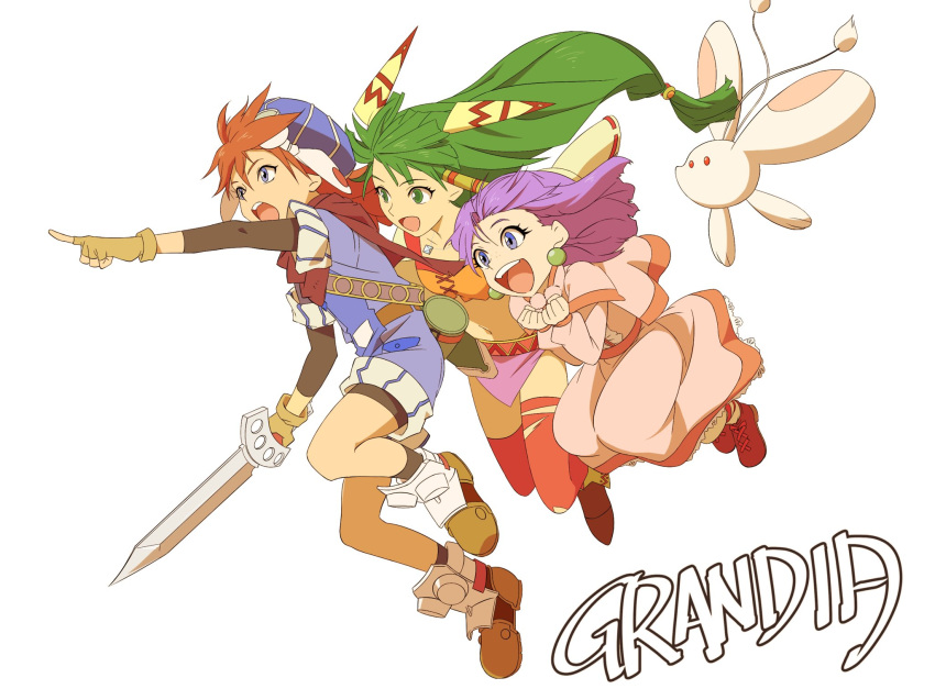 1boy 2girls :d :o blue_eyes copyright_name creature dress feena_(grandia) fingerless_gloves floating_hair friends full_body gloves grandia grandia_i green_eyes green_hair hair_ornament hat highres holding holding_sword holding_weapon index_finger_raised jumping justin_(grandia) kurishinbh long_hair low-tied_long_hair multiple_girls open_mouth outstretched_arm pink_dress purple_hair puui_(grandia) red_legwear redhead smile sue_(grandia) sword teeth thigh-highs torn_clothes torn_legwear violet_eyes weapon white_background