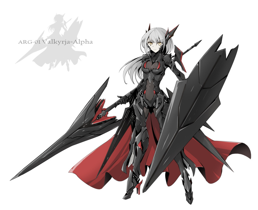 1girl armor black_armor covered_navel eyebrows_visible_through_hair high_heels highres knight lance long_hair original pale_skin polearm sazsbiz serious shield waist_cape weapon white_background white_hair yellow_eyes